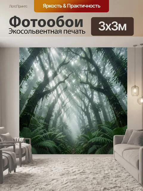 Фотообои Густой туманный лес с высокими изогнутыми деревьями и пышными папоротниками на переднем плане