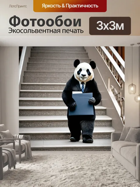 Фотообои панда в деловом костюме, поднимающаяся по лестнице с папкой, готовясь к важной встрече