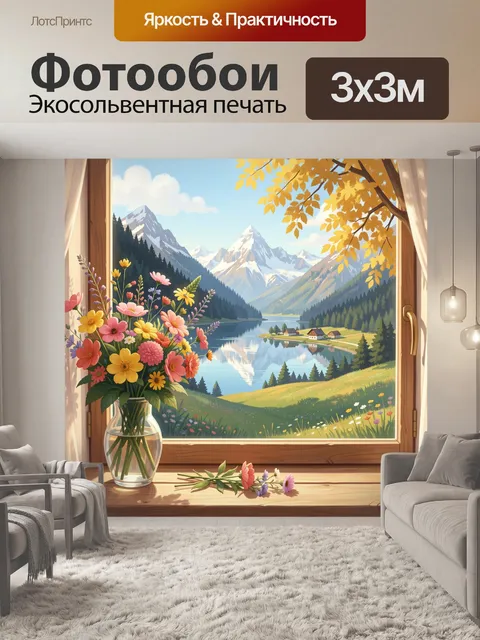 Фотообои Горное озеро и цветы у окна