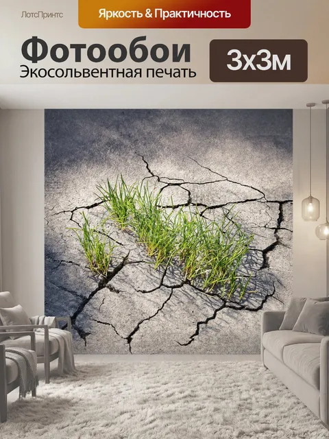 Фотообои грубая поверхность бетона покрыта глубокими трещинами, из которых пробиваются нежные побеги зеленой травы