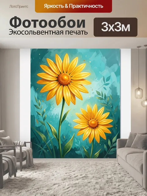 Фотообои Желтые цветы на бирюзовом фоне