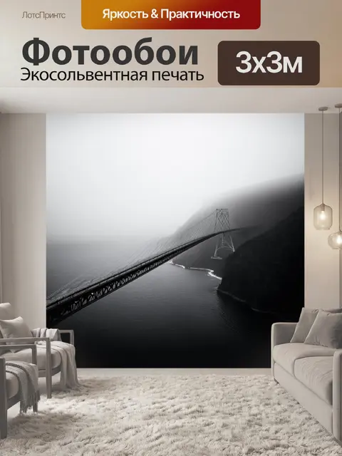 Фотообои черно-белый с воздушным мостом, который соединяет два берега
