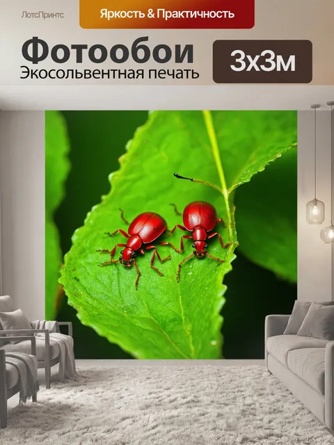 Фотообои красные жуки на зеленых листьях, макрофотография, акцент на природе и деталях