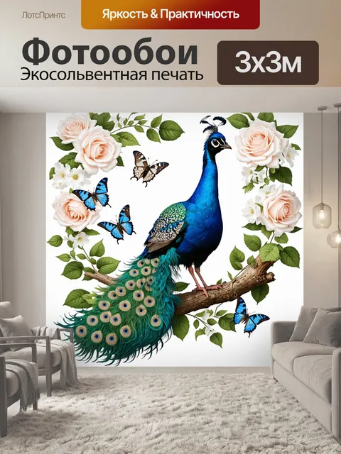 Фотообои Величественный павлин с ярко-синим оперением и роскошным длинным хвостом