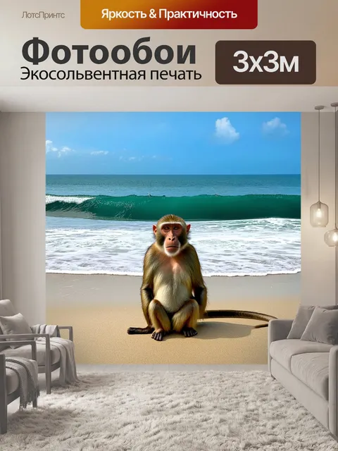 Фотообои обезьяна, сидящая на пляже в бали, рассматривающая далекие волны океана