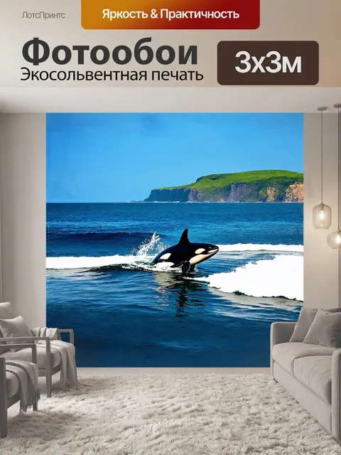 Фотообои косатка, выплывающая из величественной пены морских волн, оставляет за собой белоснежный след на голубом…