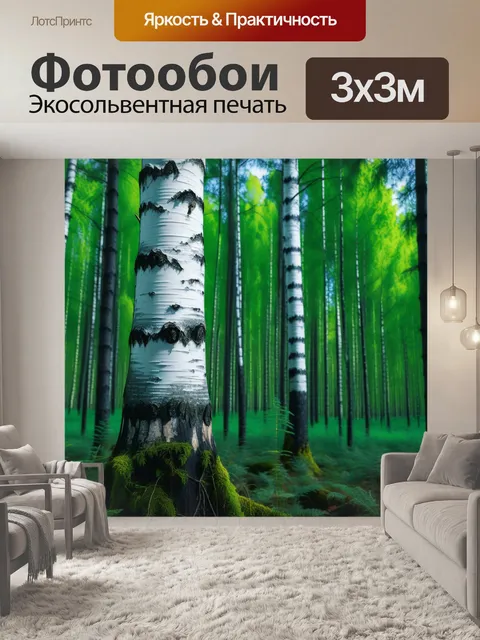 Фотообои березка в густом лесу среди других деревьев