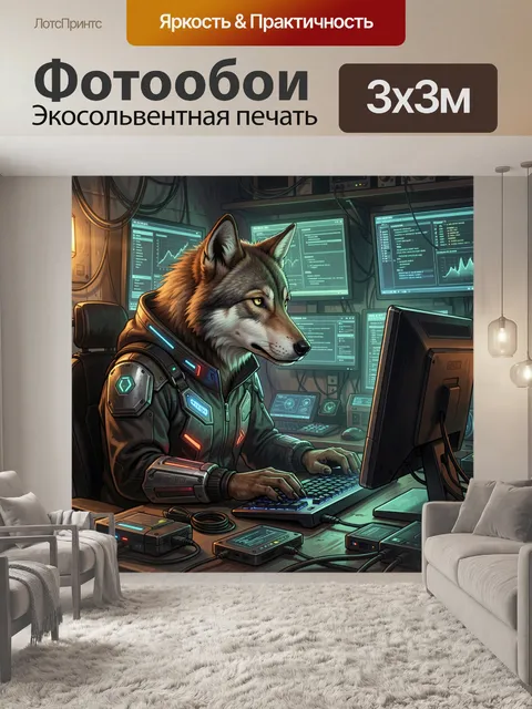 Фотообои Волк-хакер за компьютером