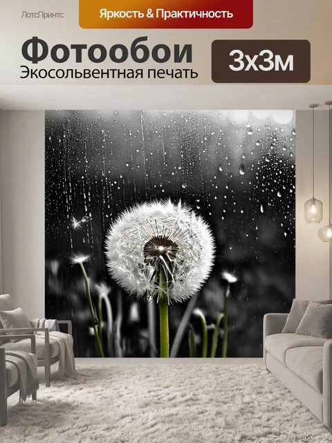 Фотообои одуванчики на фоне весеннего дождя, капли воды сверкают на их пушистых головках