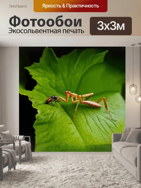 Фотообои богомол сидит на зеленом листе, поглощая мелкую муху, полностью погрузившись в свою экосистему