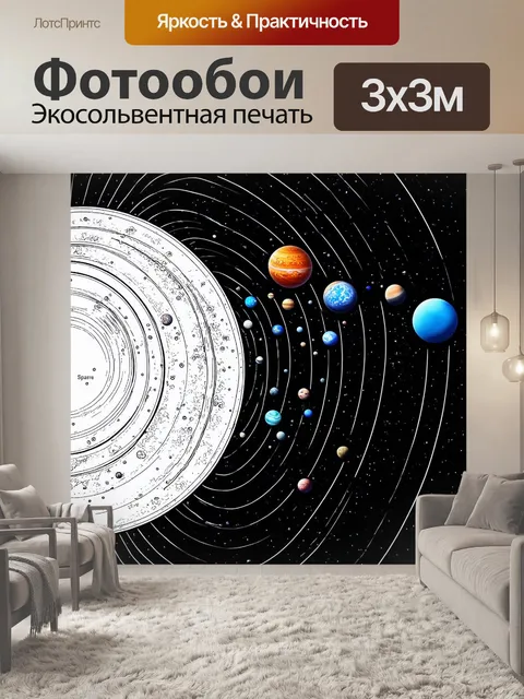 Фотообои космос в стиле раскраска, содержащее схему солнечной системы с детальными планетами и поясами астероидов