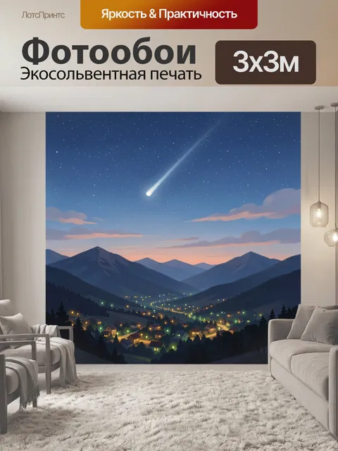 Фотообои Горная деревня под кометой