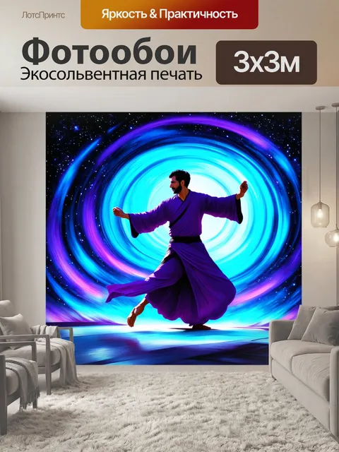 Фотообои дервиш, танцующий среди космических звезд, его движения создают энергетические вихри, светящиеся голубым и…