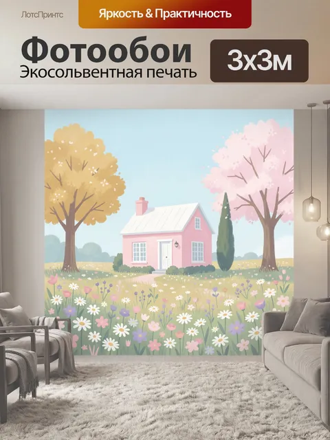 Фотообои Розовый домик в цветущем саду