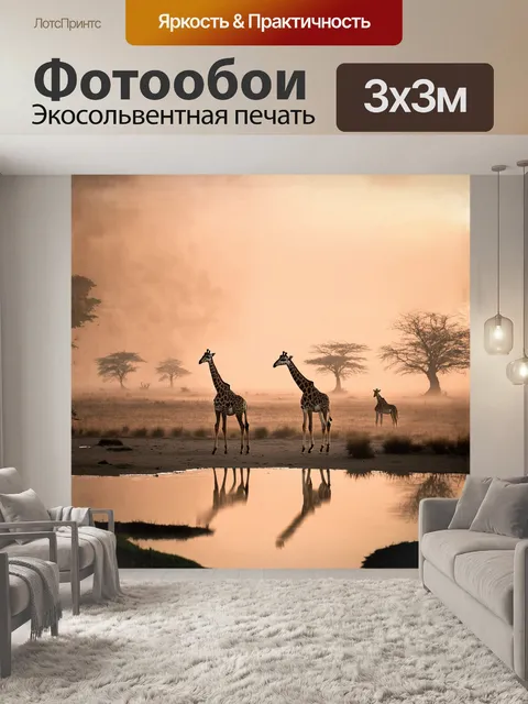 Фотообои мягкая утренняя осень окутывает жирафов в тумане, когда они мирно пасутся рядом с водоемом