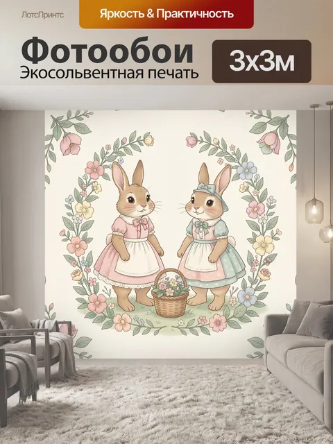 Фотообои Зайчики в цветочном венке