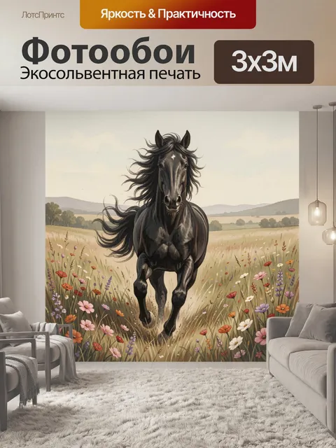 Фотообои Черный конь в поле цветов