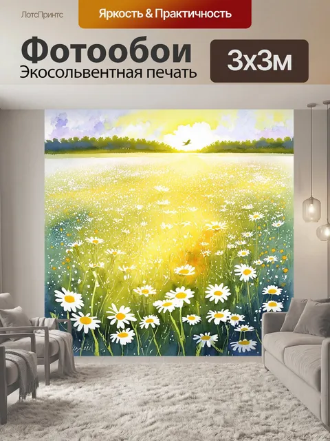 Фотообои поле ромашек, покрытое мягким светом закатного солнца, где тени танцуют на земле
