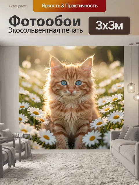 Фотообои Рыжий котенок среди ромашек