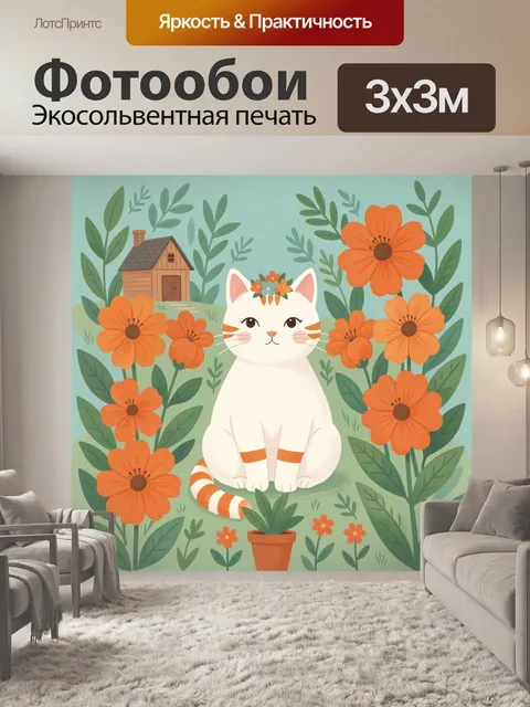 Фотообои Белый кот среди оранжевых цветов