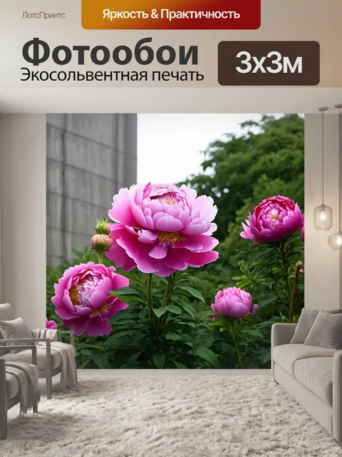 Фотообои пионы, растущие в городском ландшафте, с бетонными зданиями на фоне, создающими контраст с природой