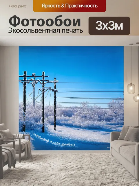 Фотообои зимний пейзаж украшен линиями электропередач, украшенными инеем и снегом