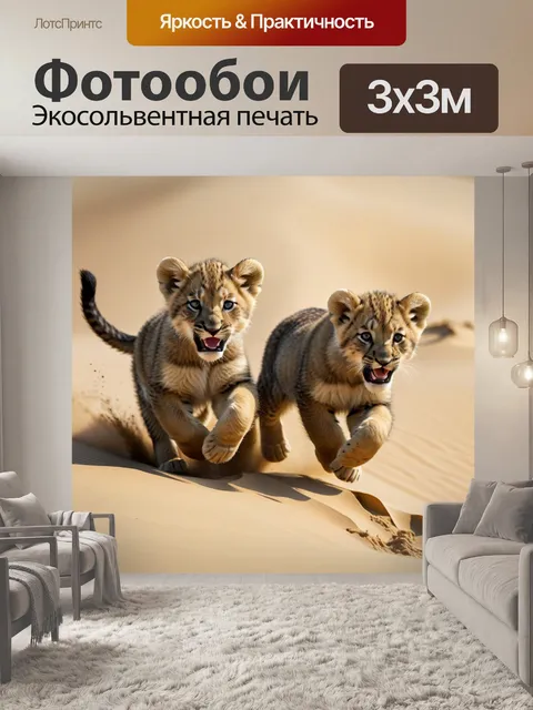 Фотообои львята, гонящиеся друг за другом по песчаной дюне