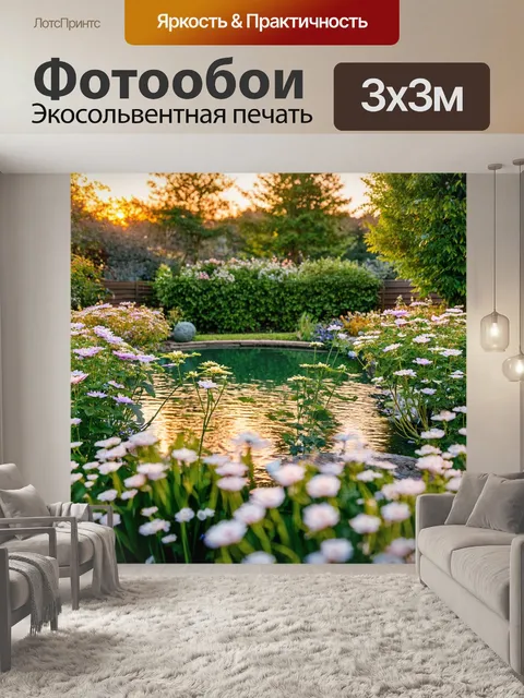 Фотообои задний двор с прудом, окруженным цветущими растениями, в мягком свете заката