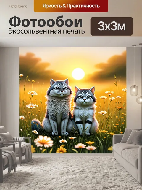 Фотообои закат на цветущем лугу, где кошка и манул сидят рядом на высоком траве, окруженные яркими дикими цветами