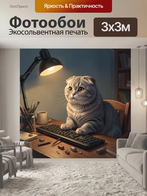 Фотообои Серый кот за клавиатурой