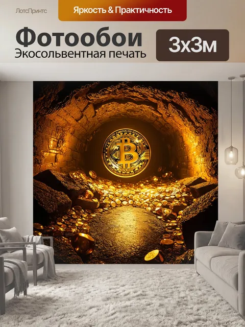 Фотообои золотая шахта, в которой за работой видны только осветительные фонари, освещающие биткойны вместо…