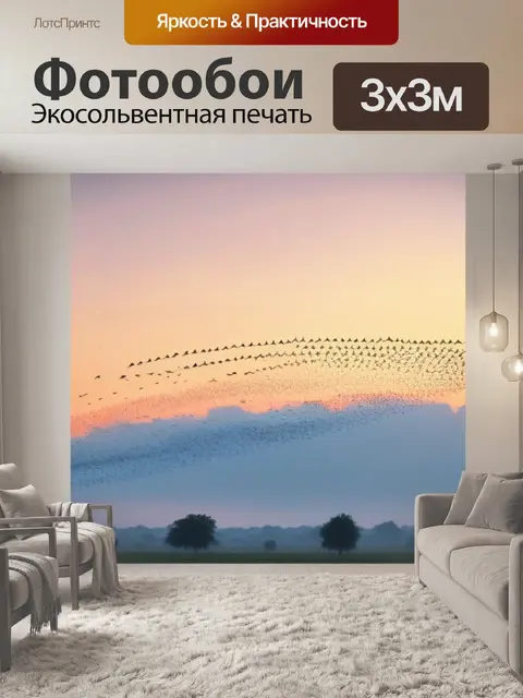 Фотообои рассвет с кружением стаи ласточек в небе