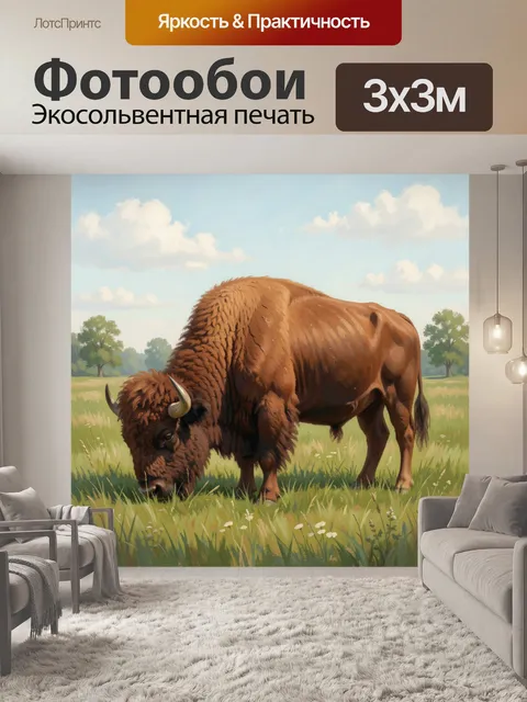 Фотообои Бизон на зеленом лугу