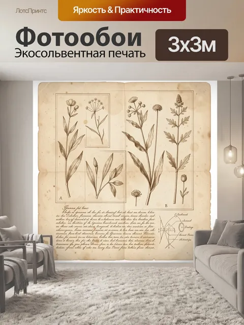 Фотообои Ботанические зарисовки на старой бумаге