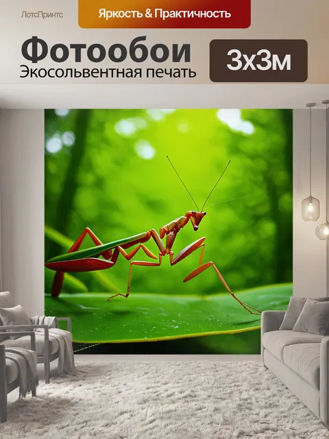 Фотообои динамичная сцена с богомолом, который охотится на фоне яркого зеленого леса