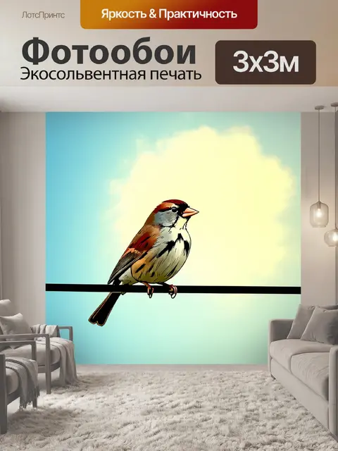 Фотообои животные в стиле скетч, воробей, сидящий на проводе с ярким небом