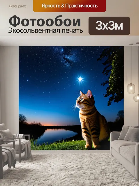Фотообои кошка, смотрящая на вечернее небо с яркими звёздами, её фигура освещена светом луны, а вдалеке видны силуэты…