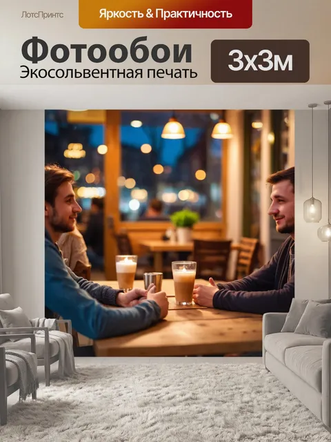 Фотообои город в стиле боке, теплая встреча за столом, вечерняя беседа, уютный свет в кафе, дружеская атмосфера…