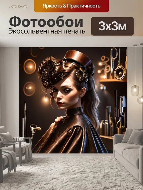 Фотообои изобразите мир парикмахера в стиле стимпанк, используя металлические элементы и винтажные инструменты