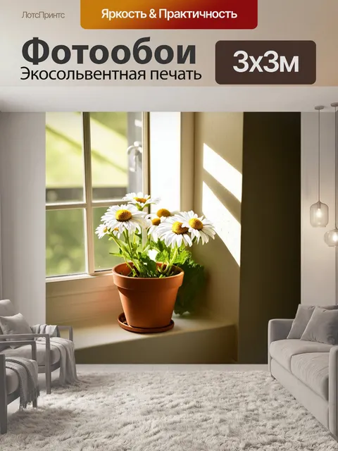 Фотообои уютный уголок с ромашками в горшках, стоящих на подоконнике с солнечными лучами, проникающими в дом