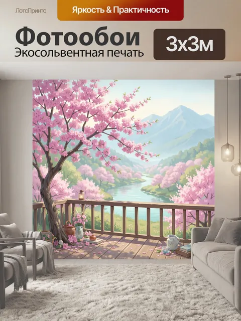 Фотообои Цветущая сакура у горной реки