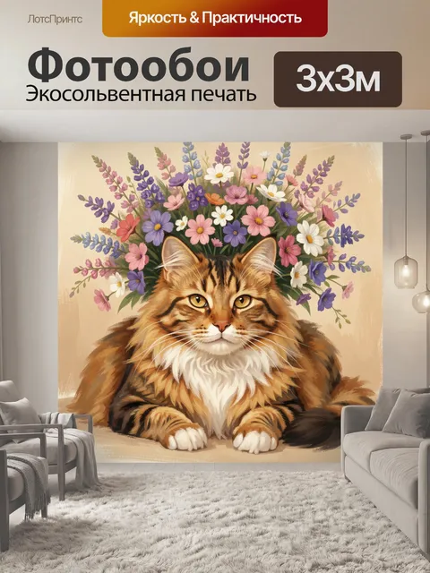 Фотообои Пушистый полосатый кот с цветами