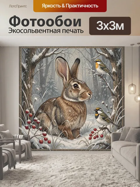 Фотообои Заяц и птицы в зимнем лесу