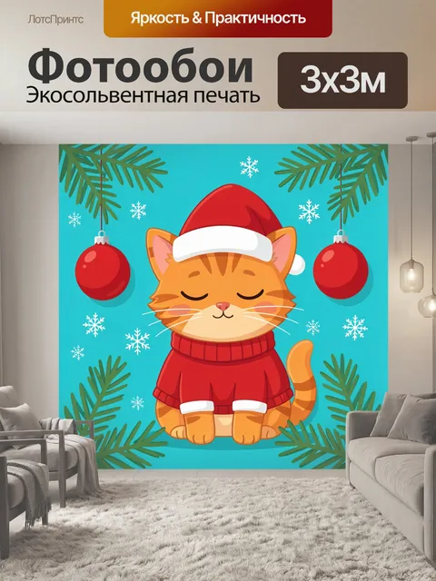 Фотообои Новогодний рыжий кот в шапке