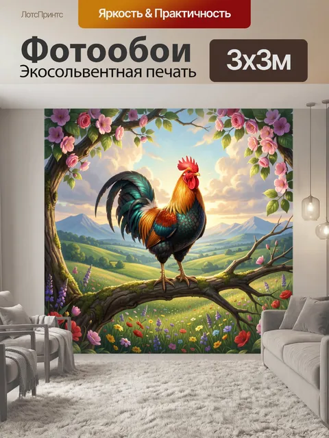 Фотообои Петух в цветущем саду
