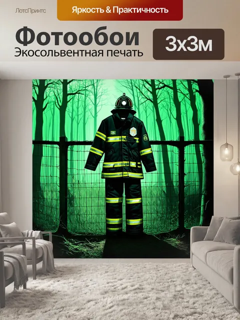 Фотообои призрачный образ пожарного комбинезона, висящего на заборе в зловещем лесу с зеленоватыми тенями