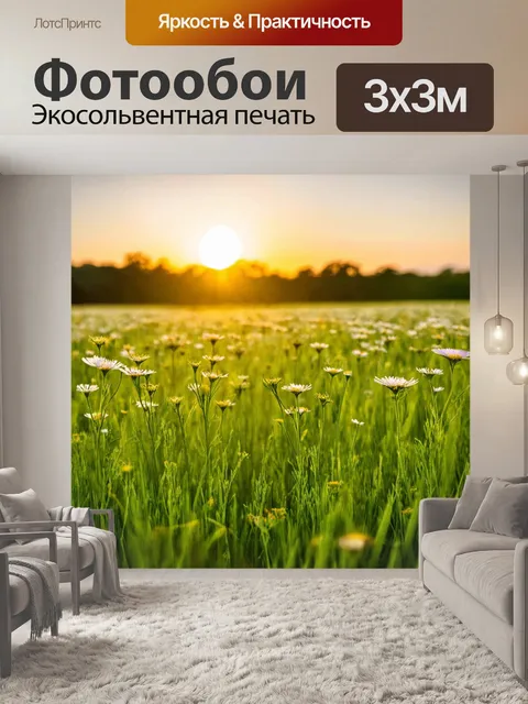 Фотообои закат на зеленом поле, цветы старательно распускаются, весна окутывает мир
