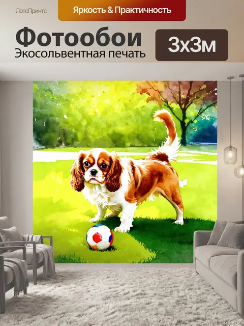 Фотообои яркая и веселая сцена в парке, где собака породы кавалер кинг чарльз спаниель играет с мячом на зеленом газоне