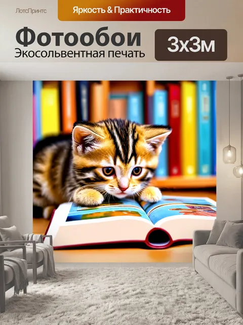 Фотообои котенок, глядящий на картинки в книжке