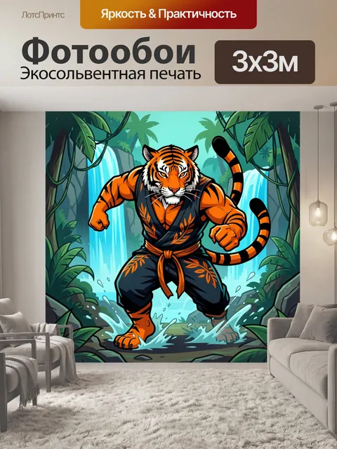 Фотообои Тигр в боевой стойке в джунглях